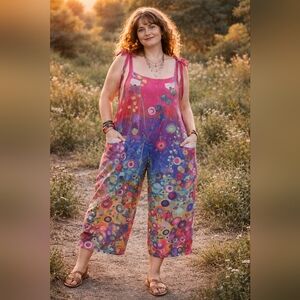Colorful Boho Abract Wideleg Floral Print Tie-Shoulder Jumpsuit - Pink Multi